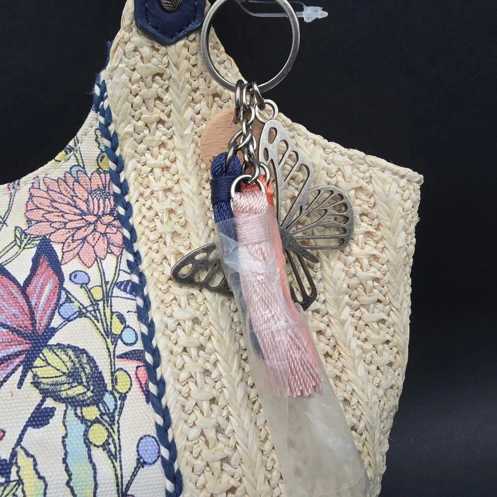 Sakroots Artist Circle Recycled City Straw Floral Butterfly Hobo Bag Navy Blue
